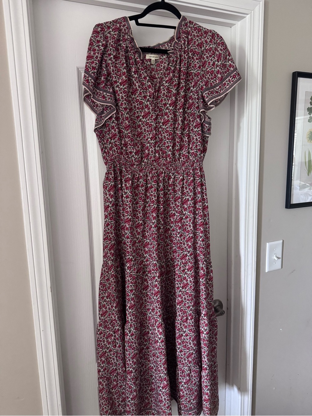 Max Studio Burgundy and Cream Floral Ruffle-Sleeve Maxi Dress
